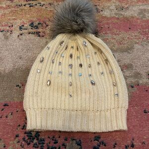 Betsey Johnson Tan Knit Beanie with Gem Accents